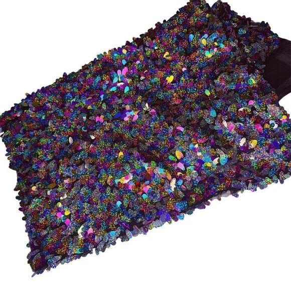 Holographic Teardrop Sequin Fabric Panel 54” x 40” Black Mesh Backdrop - Picture 3 of 7